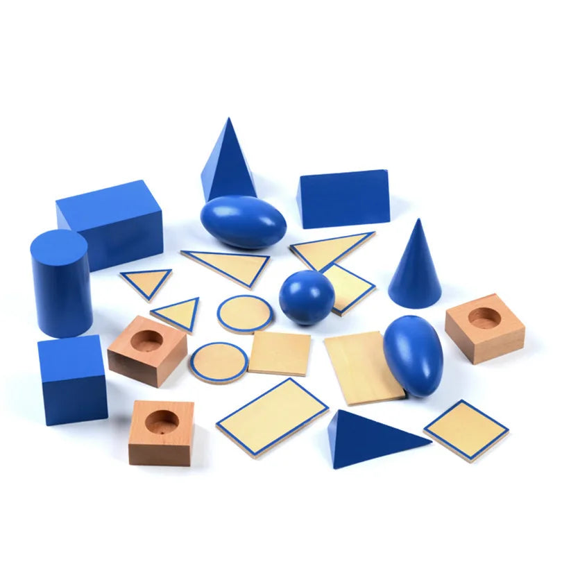 Juguete Montessori figuras geométricas 2D- 3D Sólidos con bases y caja Educación infantil temprana.