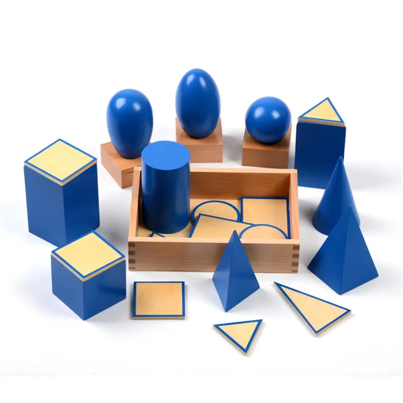 Juguete Montessori figuras geométricas 2D- 3D Sólidos con bases y caja Educación infantil temprana.
