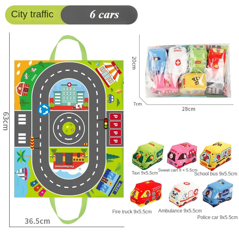 Juguete Montessori sensorial para bebé, autos suaves de tela, tapete de juego, bolsa de almacenamiento, libro de tela para bebé, lindos juguetes de entrenamiento.
