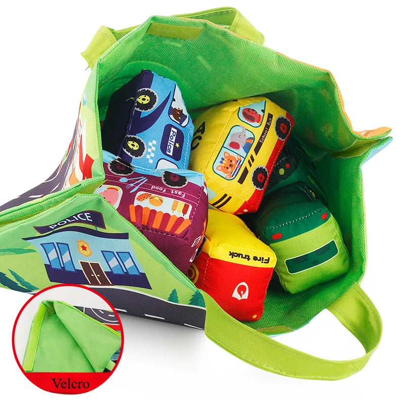 Juguete Montessori sensorial para bebé, autos suaves de tela, tapete de juego, bolsa de almacenamiento, libro de tela para bebé, lindos juguetes de entrenamiento.