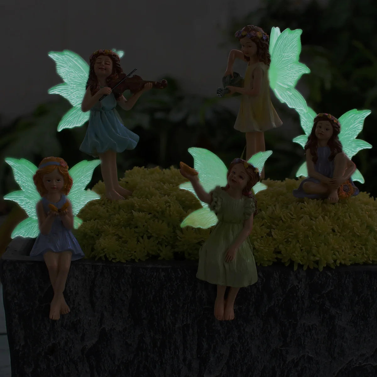 Conjunto de hadas de flores luminosas, cinco elementos decorativos enchufables, estatua de jardín de micropaisaje de hadas de resina, decoración de plantas en maceta o dormitorios infantiles.