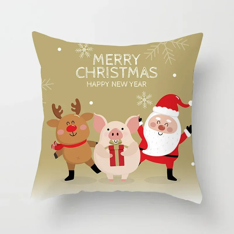 Fundas de almohadas decorativas navideñas con bonito dibujo de viejito pascuero y alce.