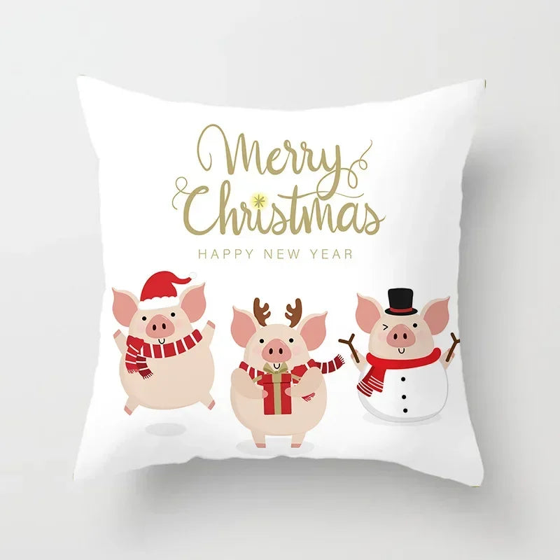 Fundas de almohadas decorativas navideñas con bonito dibujo de viejito pascuero y alce.