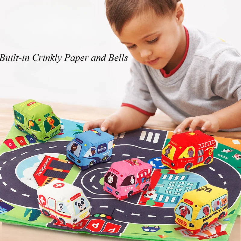 Juguete Montessori sensorial para bebé, autos suaves de tela, tapete de juego, bolsa de almacenamiento, libro de tela para bebé, lindos juguetes de entrenamiento.