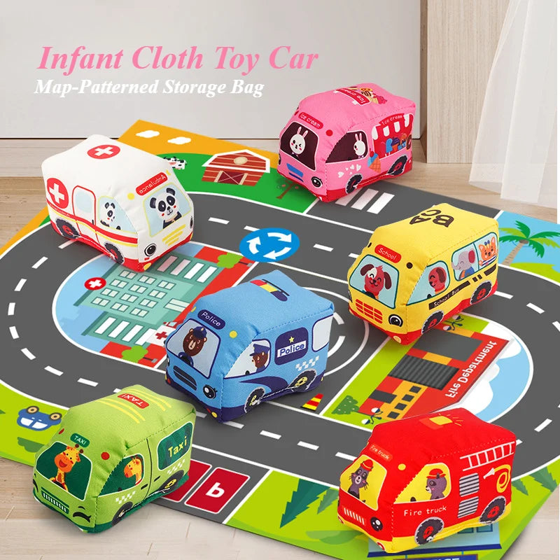 Juguete Montessori sensorial para bebé, autos suaves de tela, tapete de juego, bolsa de almacenamiento, libro de tela para bebé, lindos juguetes de entrenamiento.