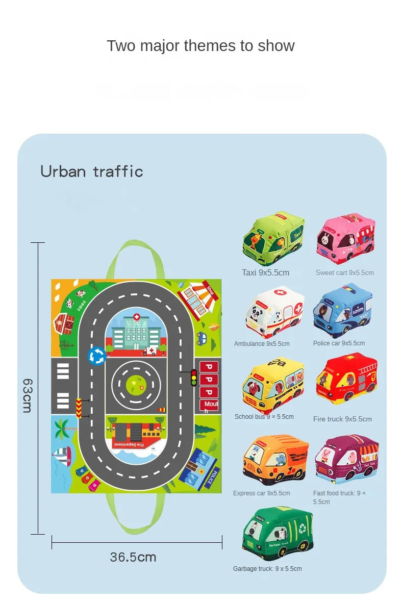 Juguete Montessori sensorial para bebé, autos suaves de tela, tapete de juego, bolsa de almacenamiento, libro de tela para bebé, lindos juguetes de entrenamiento.