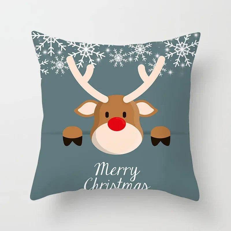 Fundas de almohadas decorativas navideñas con bonito dibujo de viejito pascuero y alce.