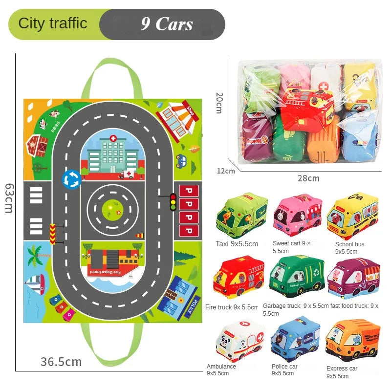 Juguete Montessori sensorial para bebé, autos suaves de tela, tapete de juego, bolsa de almacenamiento, libro de tela para bebé, lindos juguetes de entrenamiento.