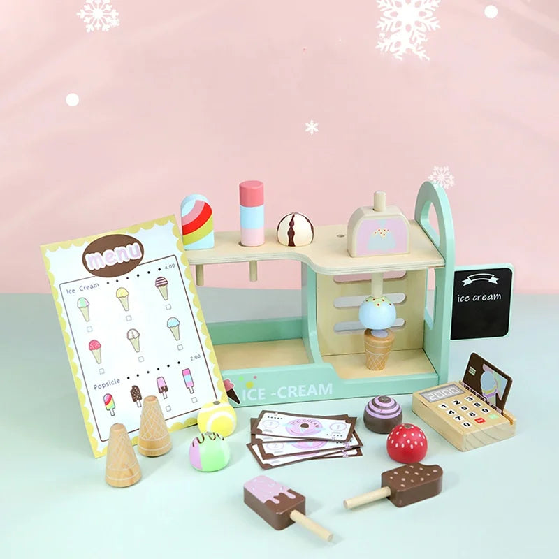 Juego de simulación heladería, Montessori para niñas y niños. Accesorios de madera, incluye monedas.