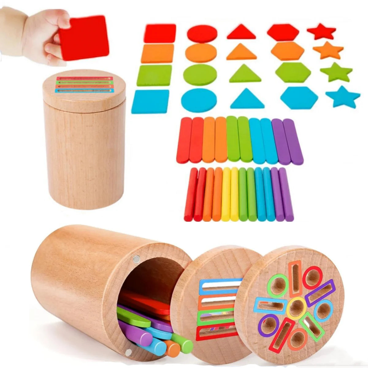 Juguetes Montessori de madera 3 en 1 para niños o niñas, taza para clasificar colores, juego de formas, rompecabezas de conteo y motricidad fina.