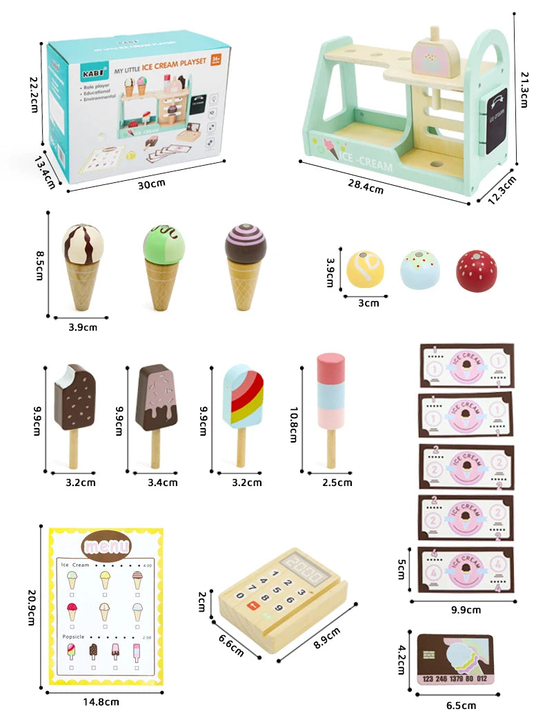 Juego de simulación heladería, Montessori para niñas y niños. Accesorios de madera, incluye monedas.