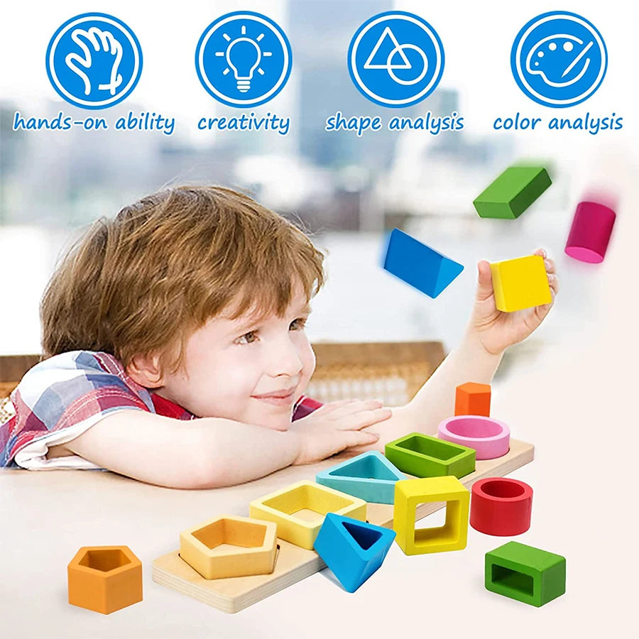 Juguetes apilables de madera para clasificar, tipo Montessori.