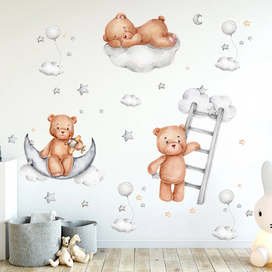 Pegatinas de pared con diseño de oso dormido, luna, estrella, para muebles, dormitorio, habitación infantil.
