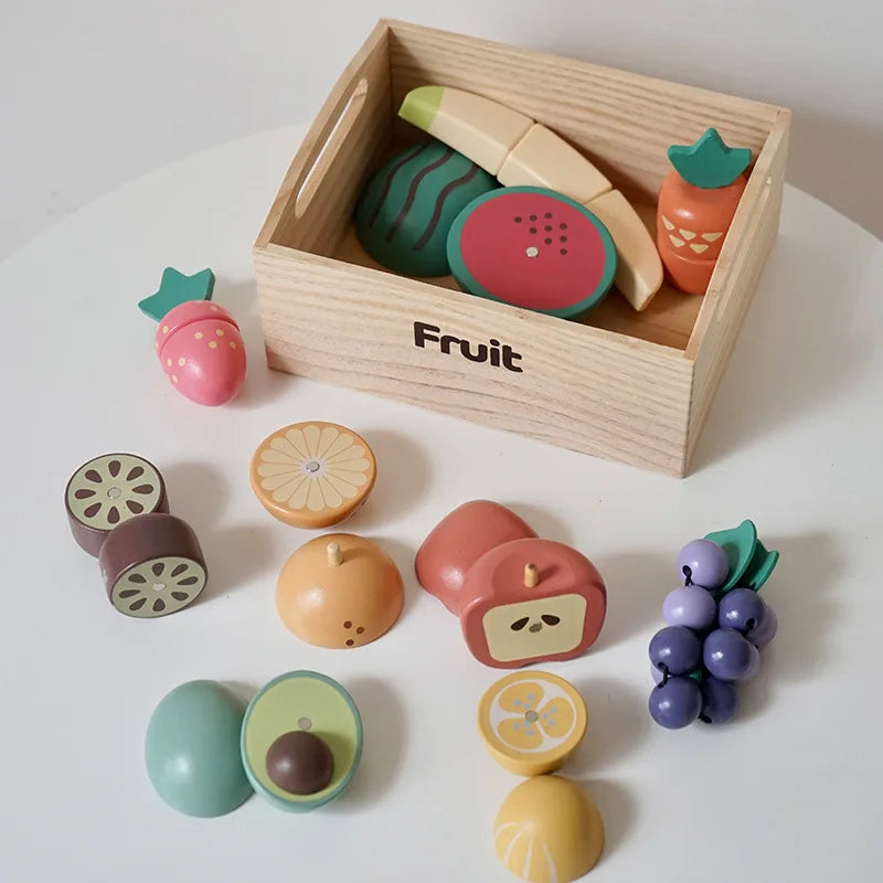 Juego de simulación de cocina, caja de madera, fruta cortada, galletas magnéticas, juego para niñas y niños.