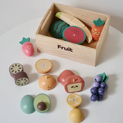 Juego de simulación de cocina, caja de madera, fruta cortada, galletas magnéticas, juego para niñas y niños.