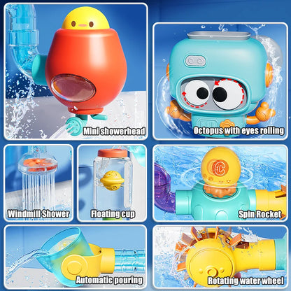 Divertido juguete para la hora del baño para bebés y niños, juego de agua con chorro y tubos giratorios. Con fuertes ventosas.