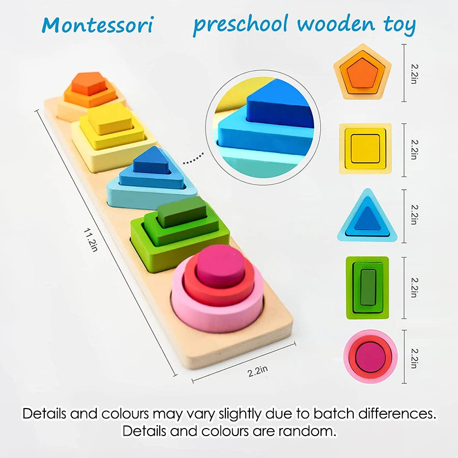 Juguetes apilables de madera para clasificar, tipo Montessori.