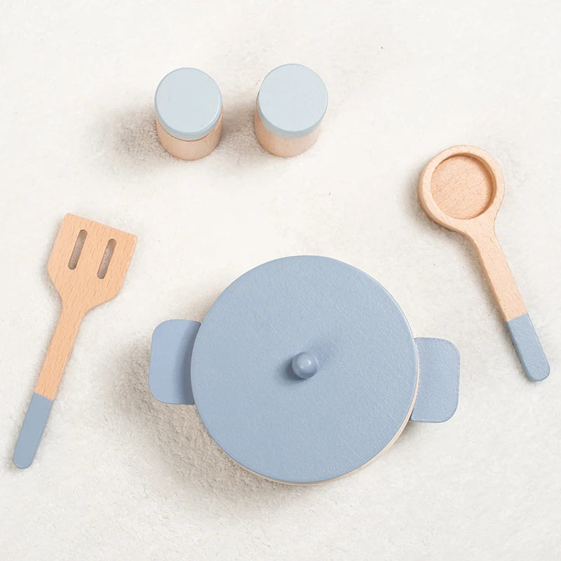 Juguetes de cocina de madera, juguetes de educación temprana, ollas y sartenes de simulación, comida, juego de rol de chef