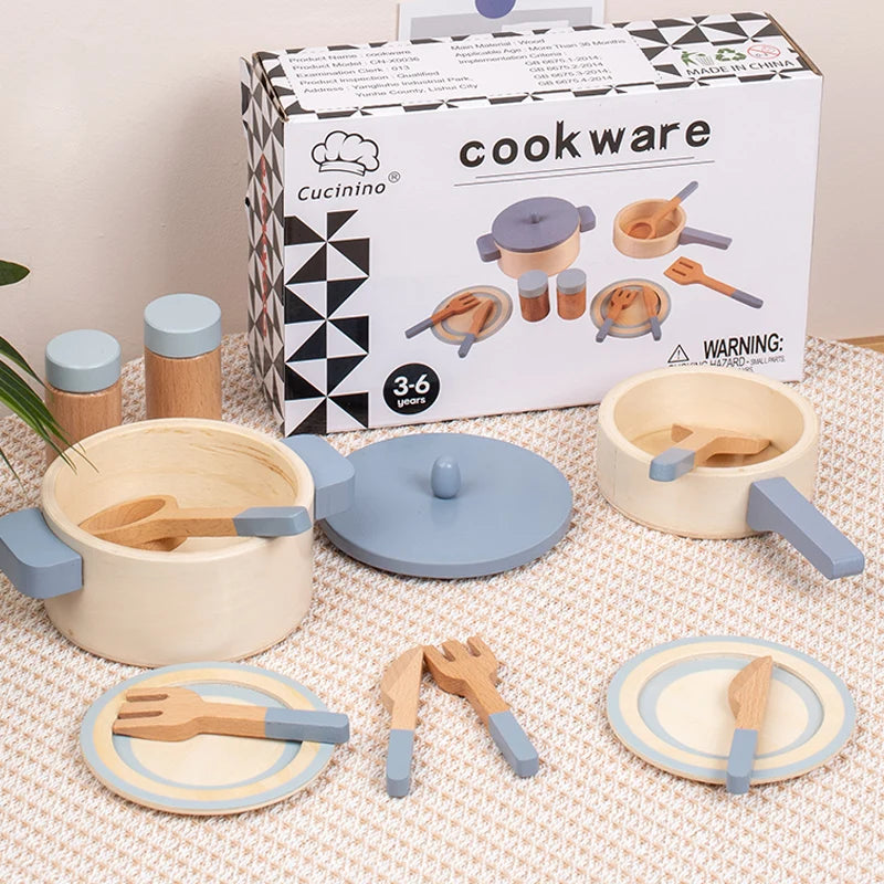 Juguetes de cocina de madera, juguetes de educación temprana, ollas y sartenes de simulación, comida, juego de rol de chef