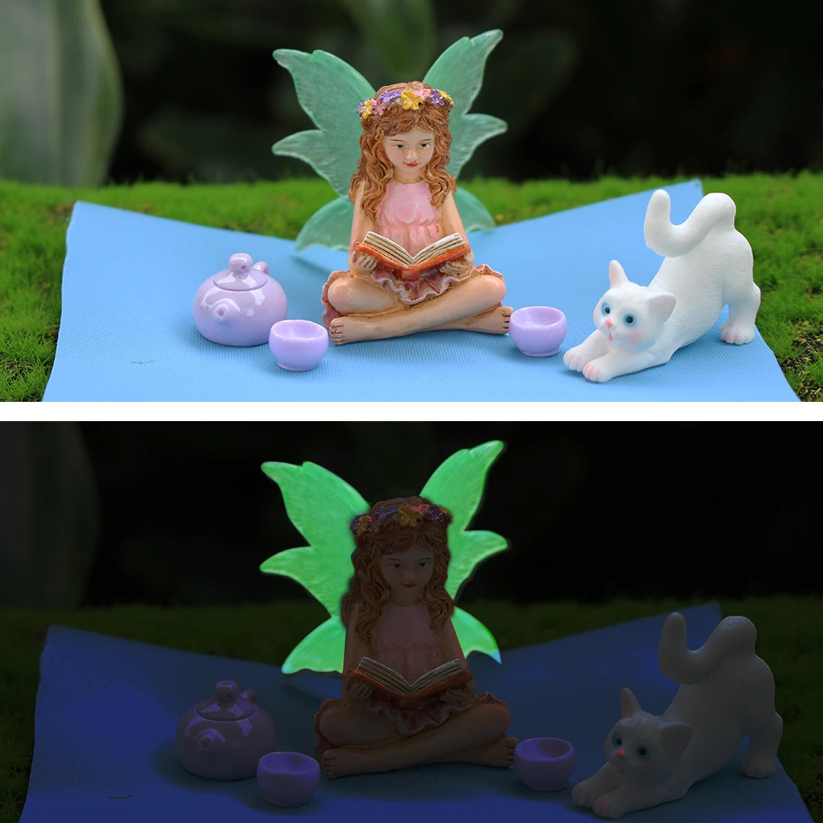 Juego de 6 estatuas de bonsái de resina con diseño de hadas de las flores luminosa, minijardín de cuento de hadas para exteriores, artesanías decorativas, accesorios para macetas