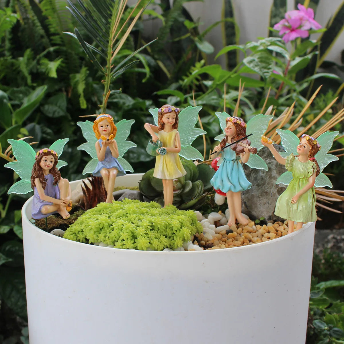 Conjunto de hadas de flores luminosas, cinco elementos decorativos enchufables, estatua de jardín de micropaisaje de hadas de resina, decoración de plantas en maceta o dormitorios infantiles.