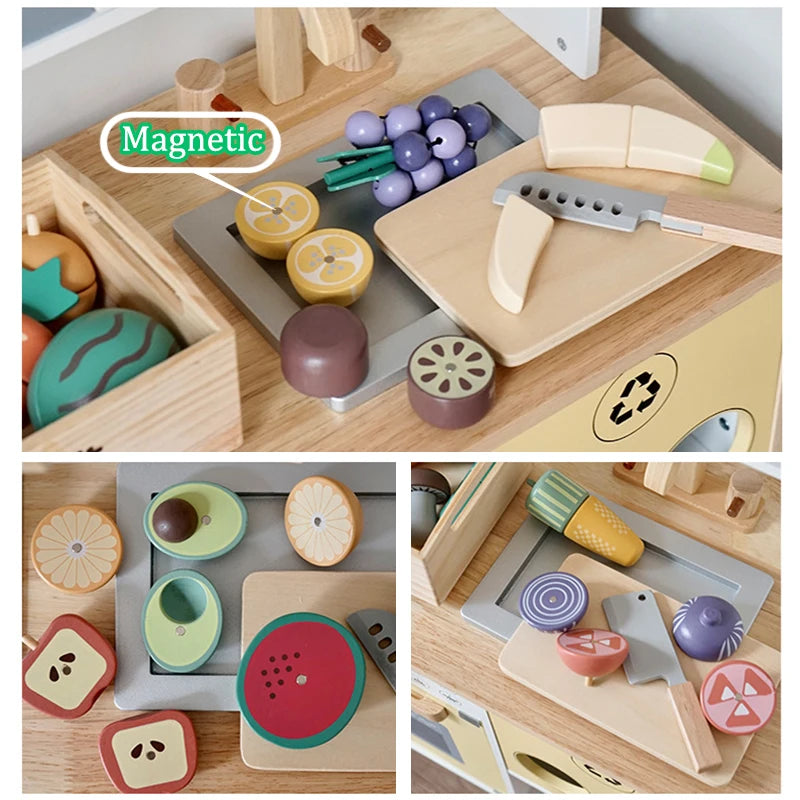 Juego de simulación de cocina, caja de madera, fruta cortada, galletas magnéticas, juego para niñas y niños.