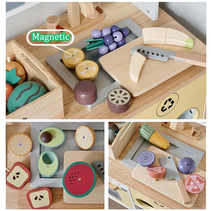 Juego de simulación de cocina, caja de madera, fruta cortada, galletas magnéticas, juego para niñas y niños.