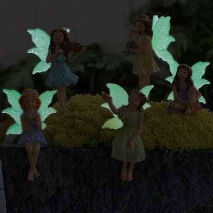 Conjunto de hadas de flores luminosas, cinco elementos decorativos enchufables, estatua de jardín de micropaisaje de hadas de resina, decoración de plantas en maceta o dormitorios infantiles.