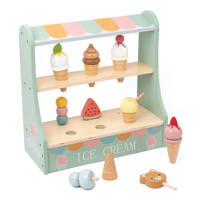 Juego de simulación heladería, Montessori para niñas y niños. Accesorios de madera, incluye monedas.