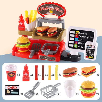 Mini juguetes educativos de rol, cocina, restaurante de comida rápida, hamburguesas, papas fritas, postres, máquina de café, cajero, .