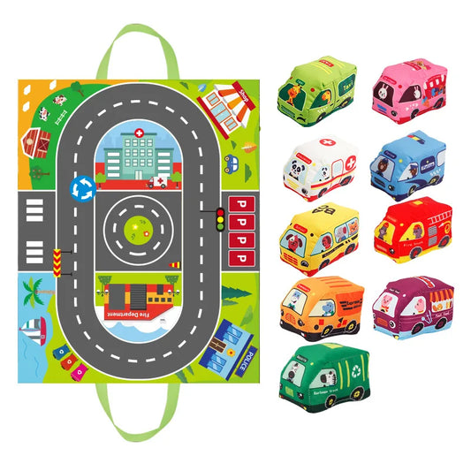 Juguete Montessori sensorial para bebé, autos suaves de tela, tapete de juego, bolsa de almacenamiento, libro de tela para bebé, lindos juguetes de entrenamiento.