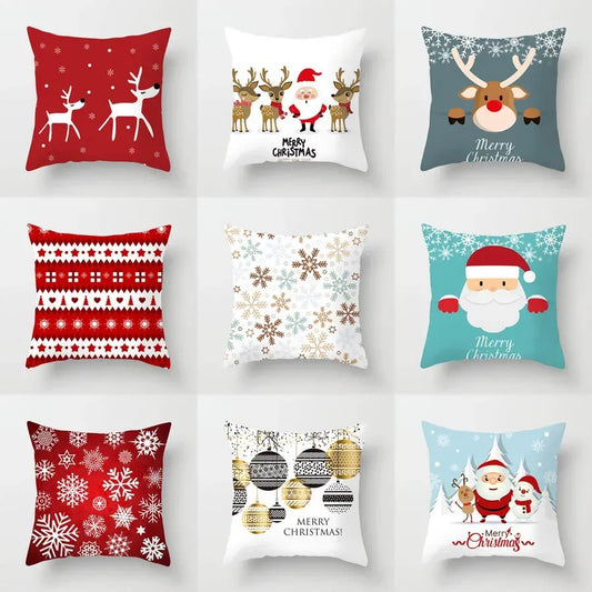 Fundas de almohadas decorativas navideñas con bonito dibujo de viejito pascuero y alce.