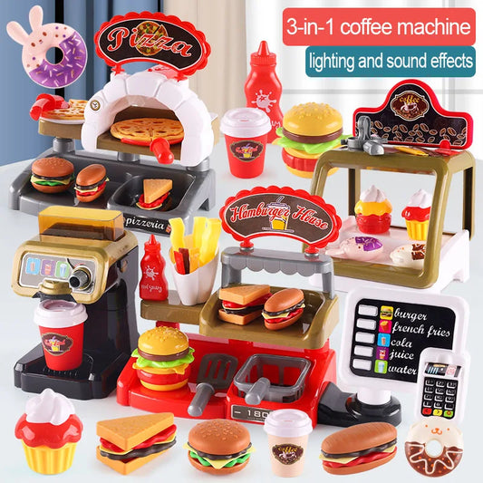 Mini juguetes educativos de rol, cocina, restaurante de comida rápida, hamburguesas, papas fritas, postres, máquina de café, cajero, .
