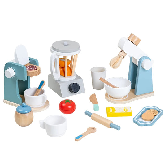 Juguete cocina de madera, máquina de café de madera, tostadora, batidora de alimentos, aprendizaje temprano, juego de rol.