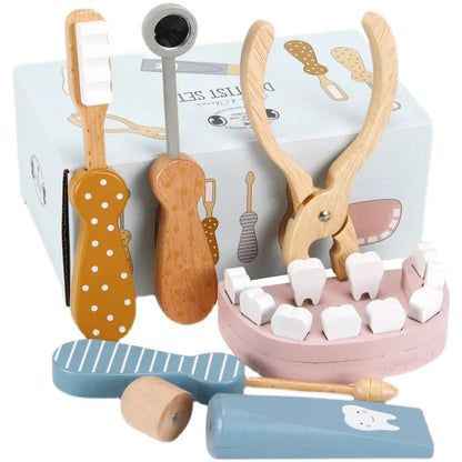 Juego de dentista de madera, para niños y niñas, aprende a cepillarse los dientes y juego de roles.