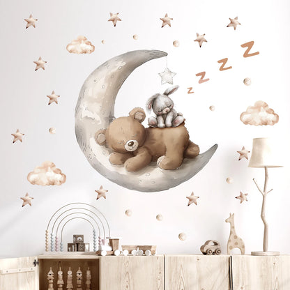 Pegatinas de pared con diseño de oso dormido, luna, estrella, para muebles, dormitorio, habitación infantil.