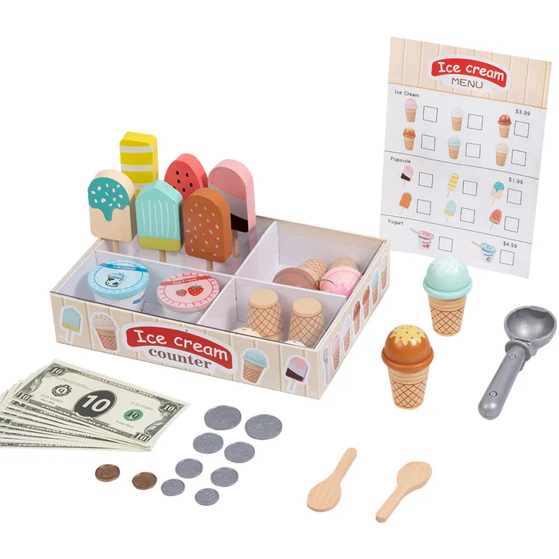 Juego de simulación heladería, Montessori para niñas y niños. Accesorios de madera, incluye monedas.