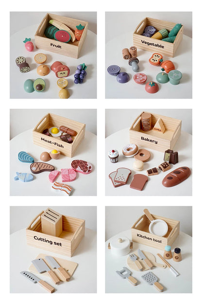 Juego de simulación de cocina, caja de madera, fruta cortada, galletas magnéticas, juego para niñas y niños.