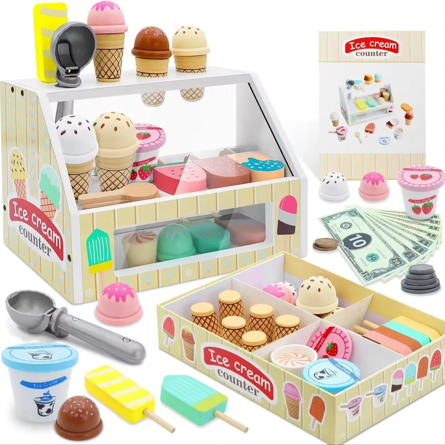 Juego de simulación heladería, Montessori para niñas y niños. Accesorios de madera, incluye monedas.