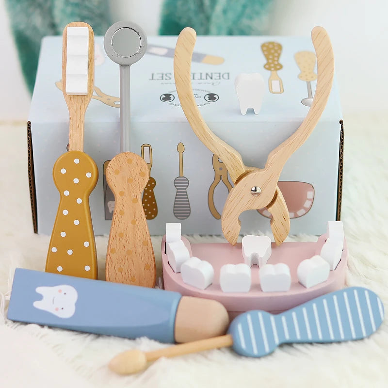 Juego de dentista de madera, para niños y niñas, aprende a cepillarse los dientes y juego de roles.