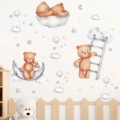 Pegatinas de pared con diseño de oso dormido, luna, estrella, para muebles, dormitorio, habitación infantil.