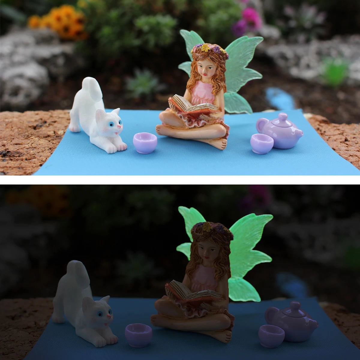 Juego de 6 estatuas de bonsái de resina con diseño de hadas de las flores luminosa, minijardín de cuento de hadas para exteriores, artesanías decorativas, accesorios para macetas