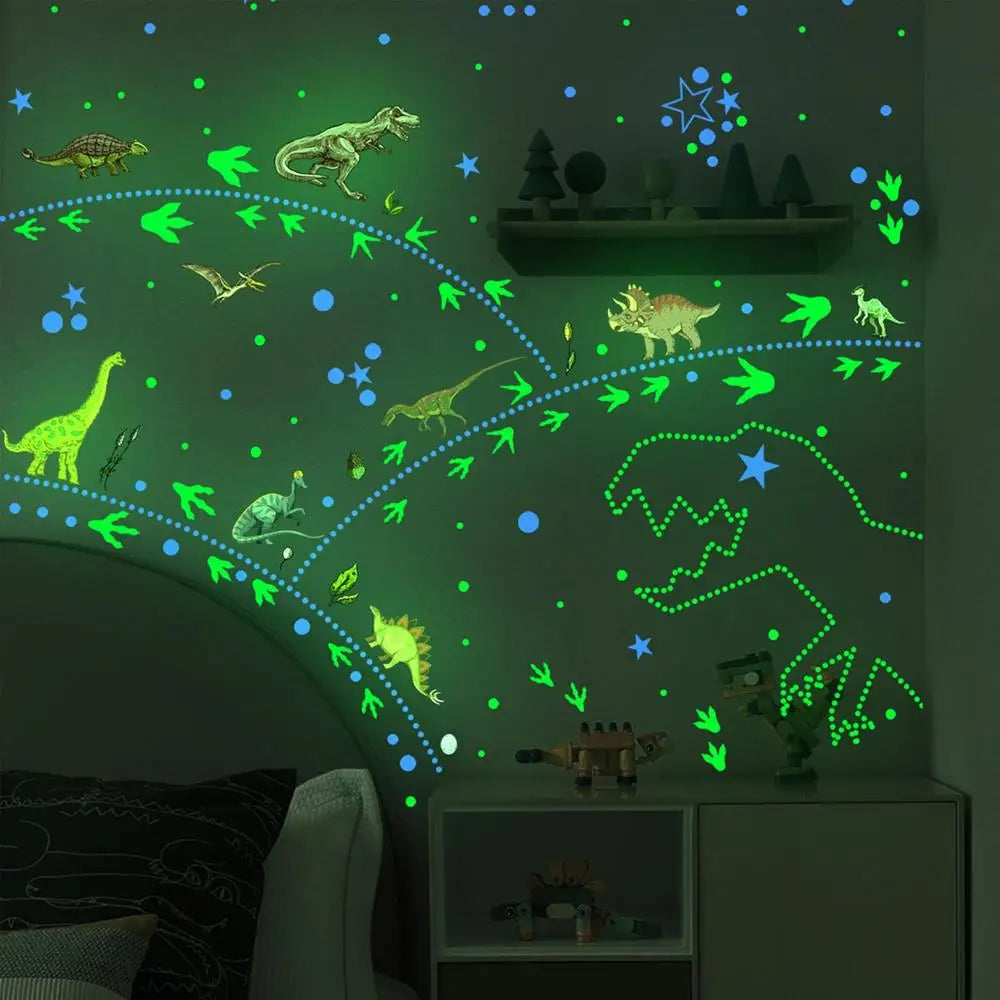 Pegatinas de pared de dinosaurios luminosos de luz verde para el hogar, dormitorio, habitación infantil, decoración, calcomanías fluorescentes de animales que brillan en la oscuridad.