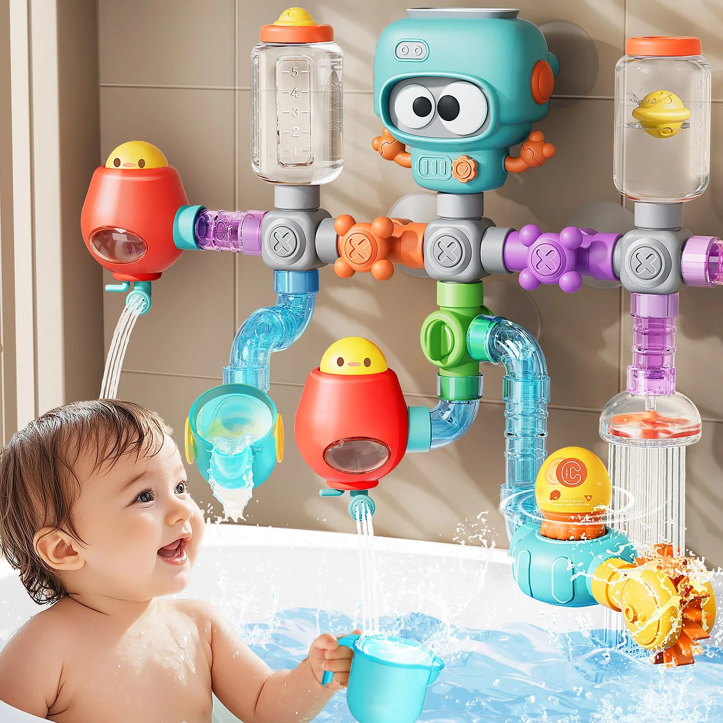 Divertido juguete para la hora del baño para bebés y niños, juego de agua con chorro y tubos giratorios. Con fuertes ventosas.