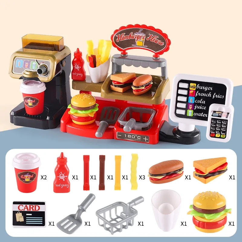 Mini juguetes educativos de rol, cocina, restaurante de comida rápida, hamburguesas, papas fritas, postres, máquina de café, cajero, .