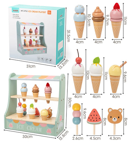 Juego de simulación heladería, Montessori para niñas y niños. Accesorios de madera, incluye monedas.