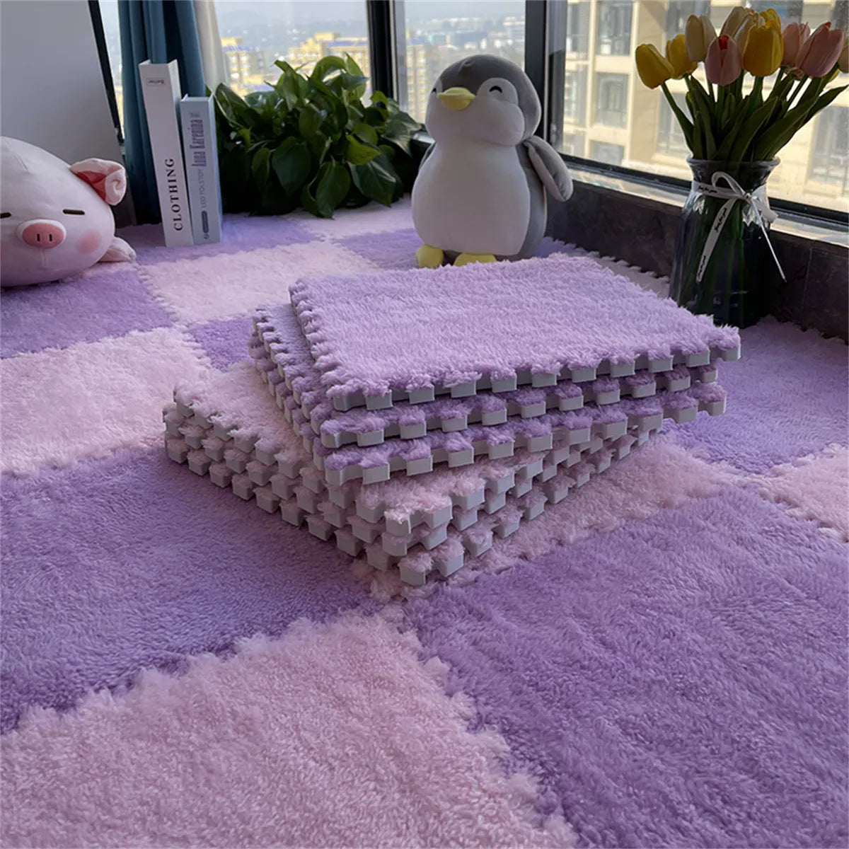 Alfombra de juego de felpa suave para niños, Alfombra de rompecabezas de espuma Eva para bebés, mantiene el calor, 30x30x1CM