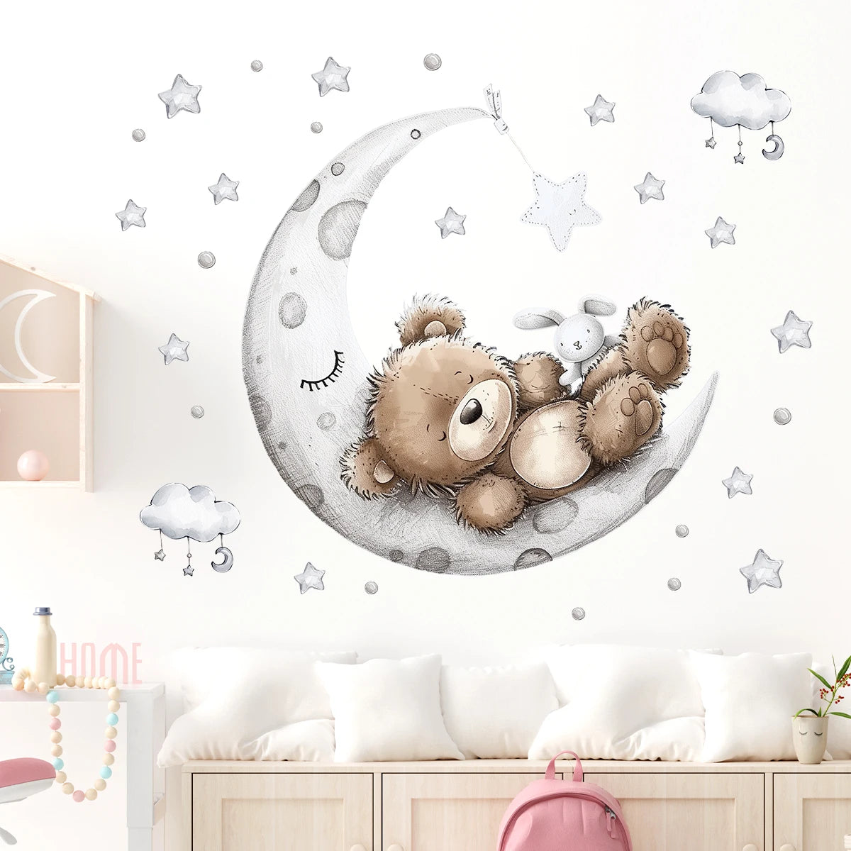 Pegatinas de pared con diseño de oso dormido, luna, estrella, para muebles, dormitorio, habitación infantil.