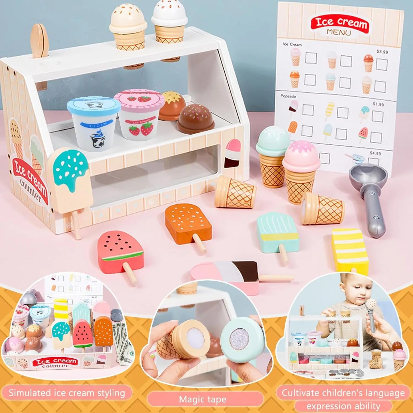 Juego de simulación heladería, Montessori para niñas y niños. Accesorios de madera, incluye monedas.