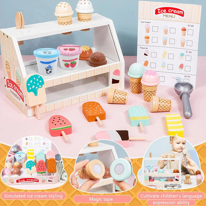 Juego de simulación heladería, Montessori para niñas y niños. Accesorios de madera, incluye monedas.
